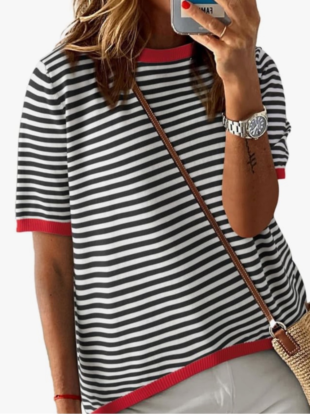 Dokotoo Summer Crewneck Short Sleeve Striped Knit Pullover Sweater Top Hi-Lo